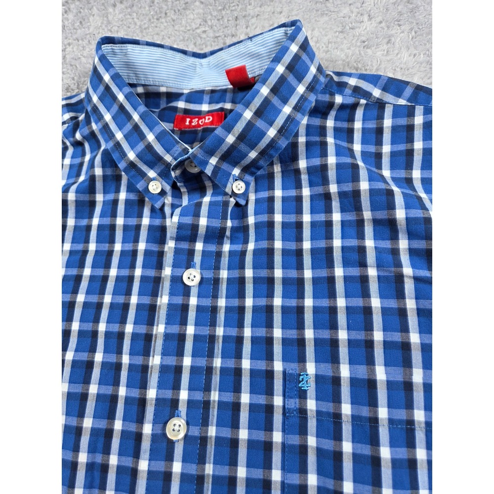IZOD Mens Blue Navy White Plaid Long Sleeve Button Down Shirt Logo Pocket
